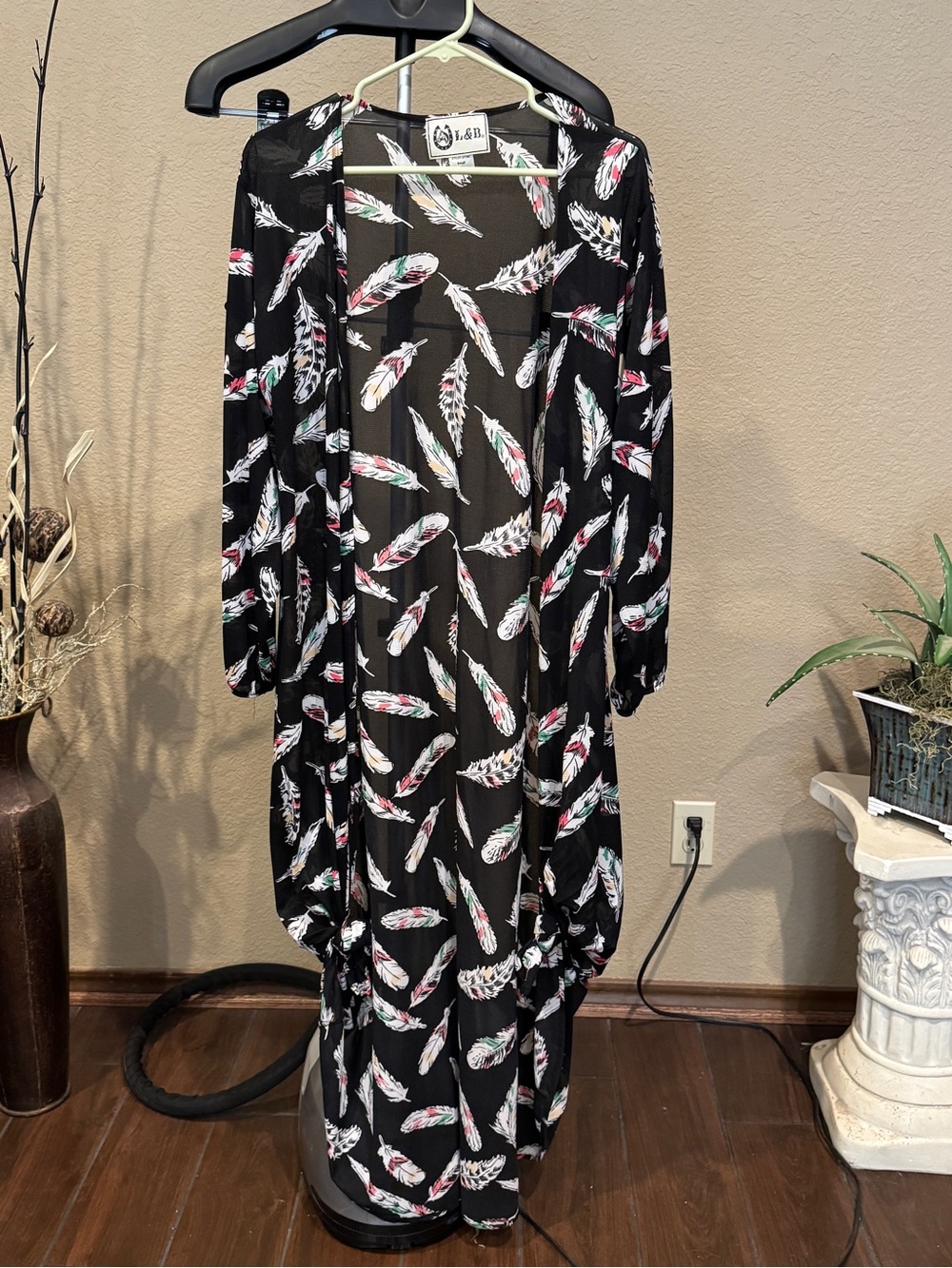 L&B Black Sheer DusterFeather-Print Open Front Dress